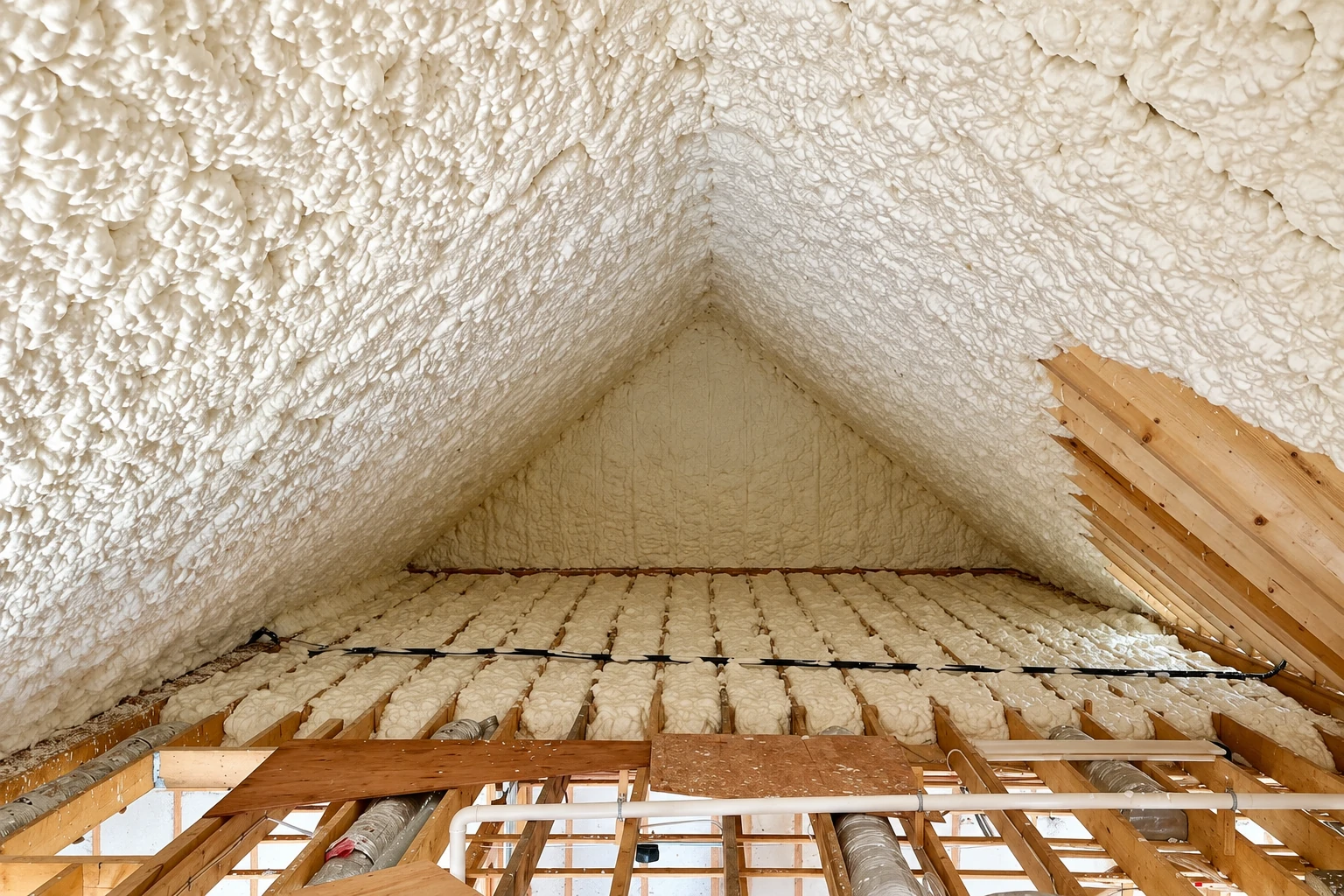 Attic roof and floor framing coated in white spray foam, with exposed joists and ductwork below.