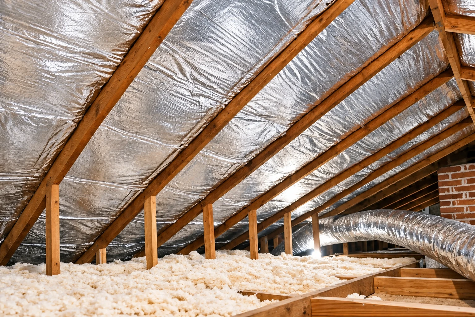 An attic has loose-fill insulation across the floor and reflective foil between the sloped roof rafters, with a large duct along the side.