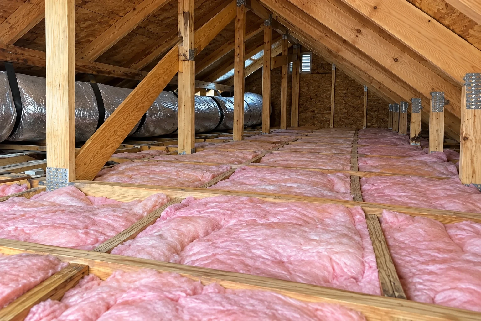 Pink fiberglass batts cover the attic floor beneath exposed wooden roof trusses and a large silver duct.