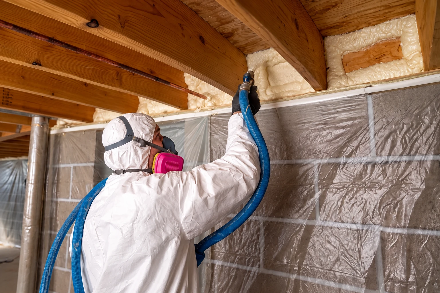 A worker in protective clothing and a respirator sprays foam insulation between exposed attic rafters using a blue hose.