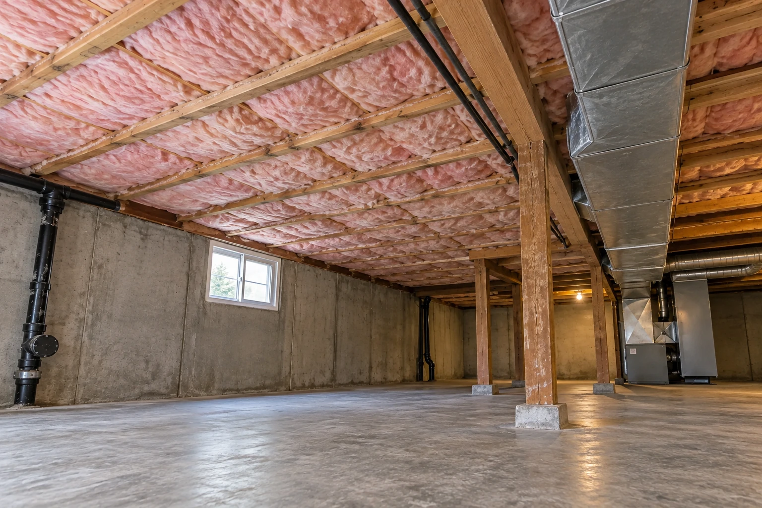 Basement with pink fiberglass batts between ceiling joists, concrete walls, support posts, and HVAC ductwork.