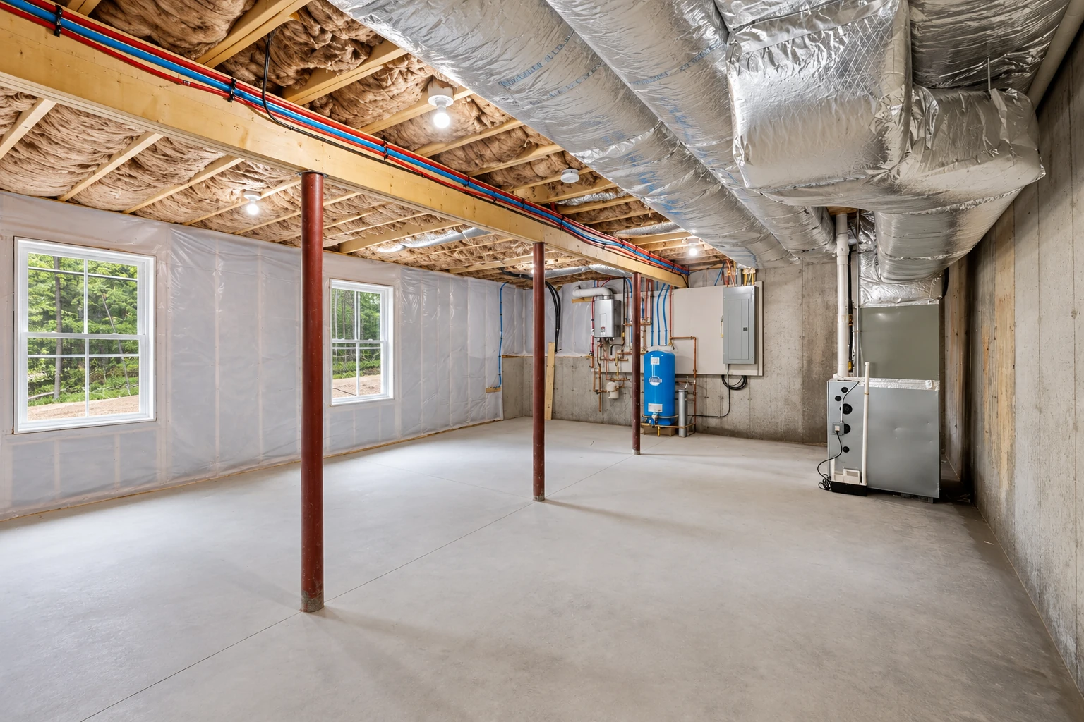 Exposed basement ceiling joists contain fiberglass insulation, with silver ducts, pipes, windows and utility equipment visible.