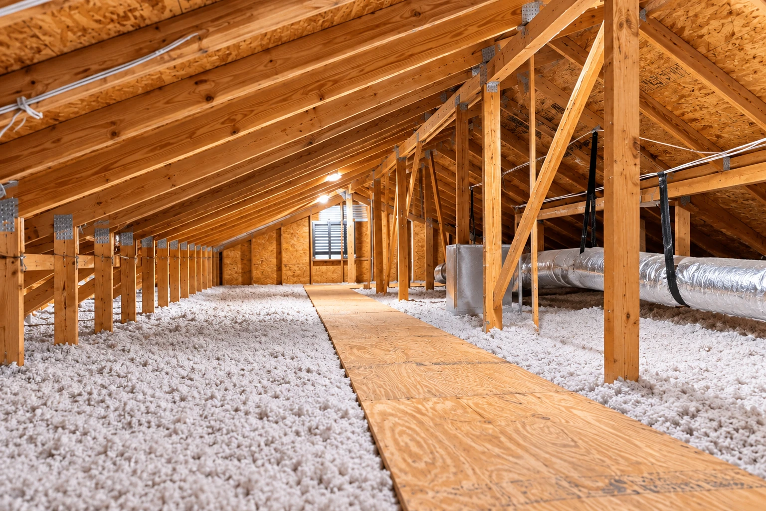 Loose white blown-in insulation covers an attic floor around a wooden walkway, exposed rafters and ductwork.