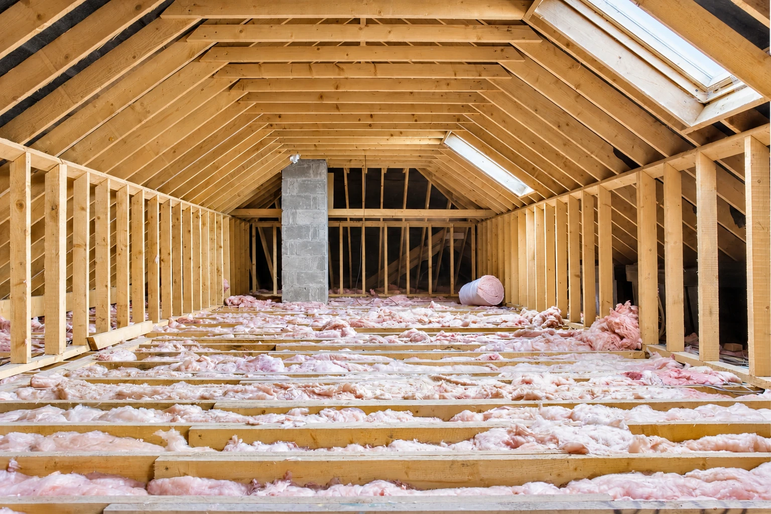 Unfinished attic with pink blown-in insulation scattered between floor joists beneath exposed wooden rafters.