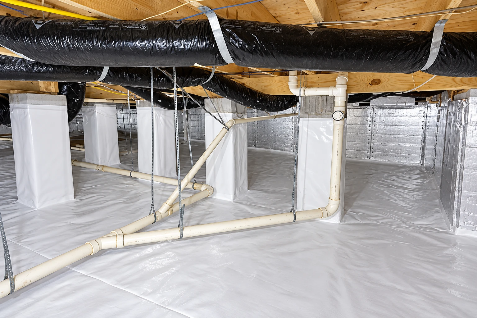 Crawl space with a white vapor barrier covering the floor, insulated walls, overhead ducts, and exposed plumbing.