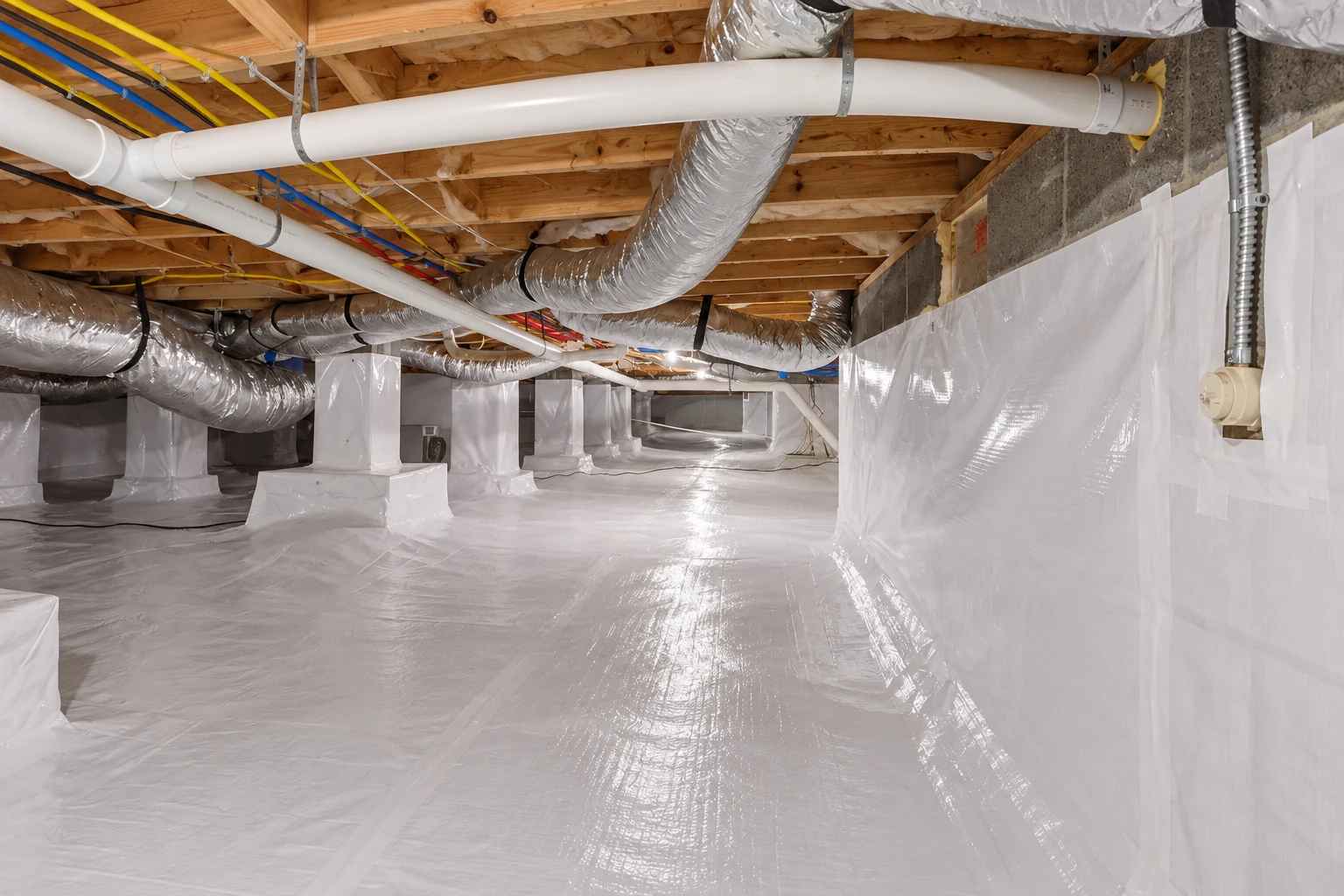 A crawl space has a white vapor barrier covering the floor and walls, with pipes and ducts overhead.