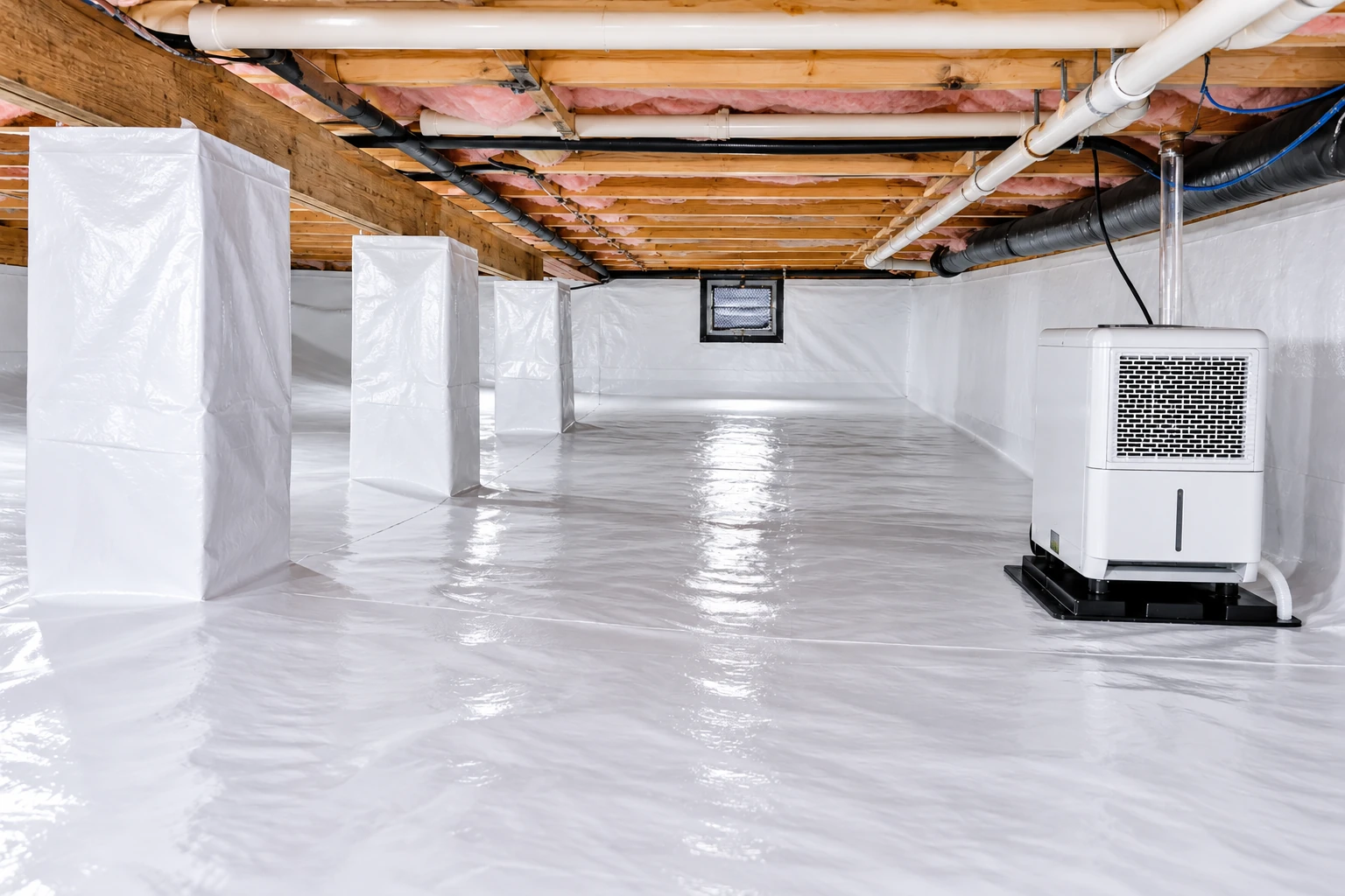 A crawl space has a white vapor barrier covering the floor, walls, and support columns, with a dehumidifier at right.