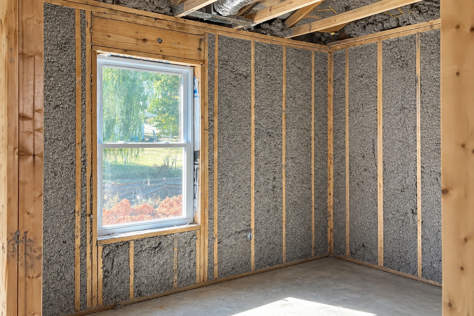 An unfinished room has gray insulation filling the wall cavities between exposed wooden studs beside a window.