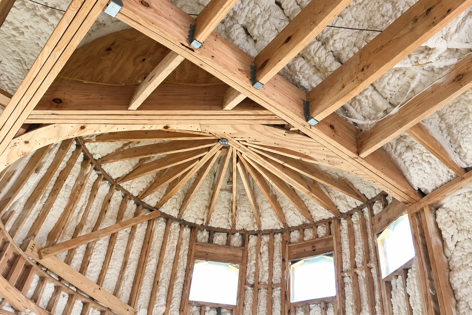 Wooden roof trusses in a house under construction, with white spray foam filling the roof and wall cavities.