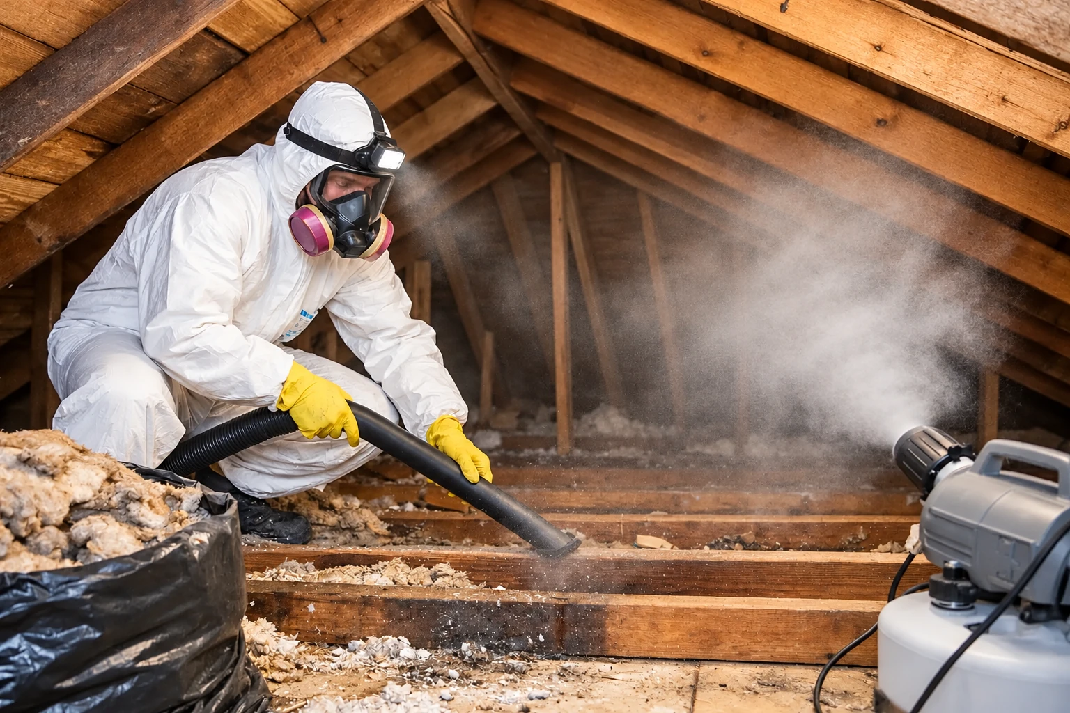 A worker in protective gear vacuums loose attic insulation through a hose as dust rises around the equipment.