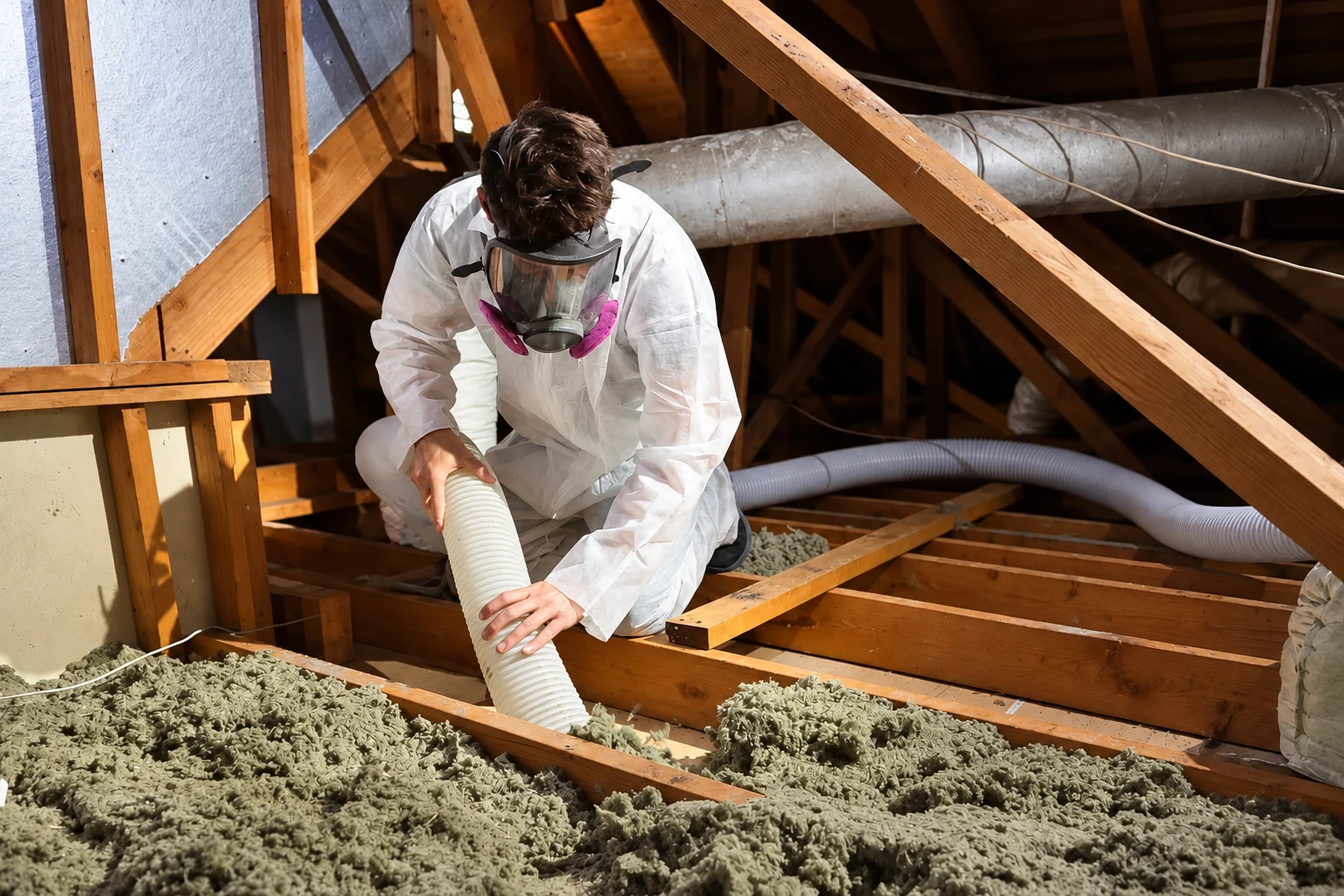 A worker in protective clothing uses a hose to remove loose insulation from attic floor joists.