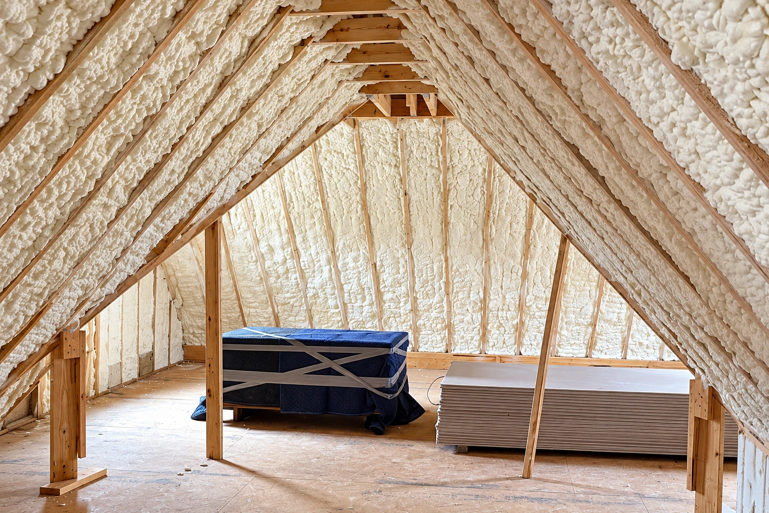 White spray foam coats the sloped attic rafters around exposed wood framing, with a mattress and stacked boards on the floor.