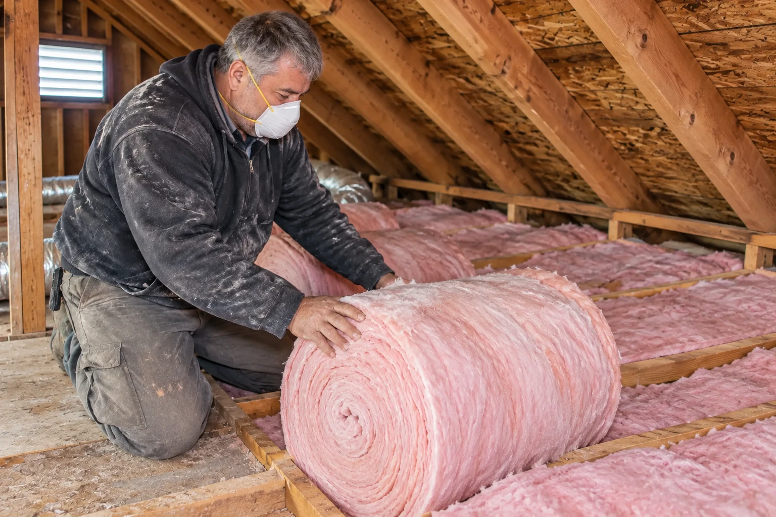 A masked worker lays pink fiberglass batts between the exposed floor joists in an attic.