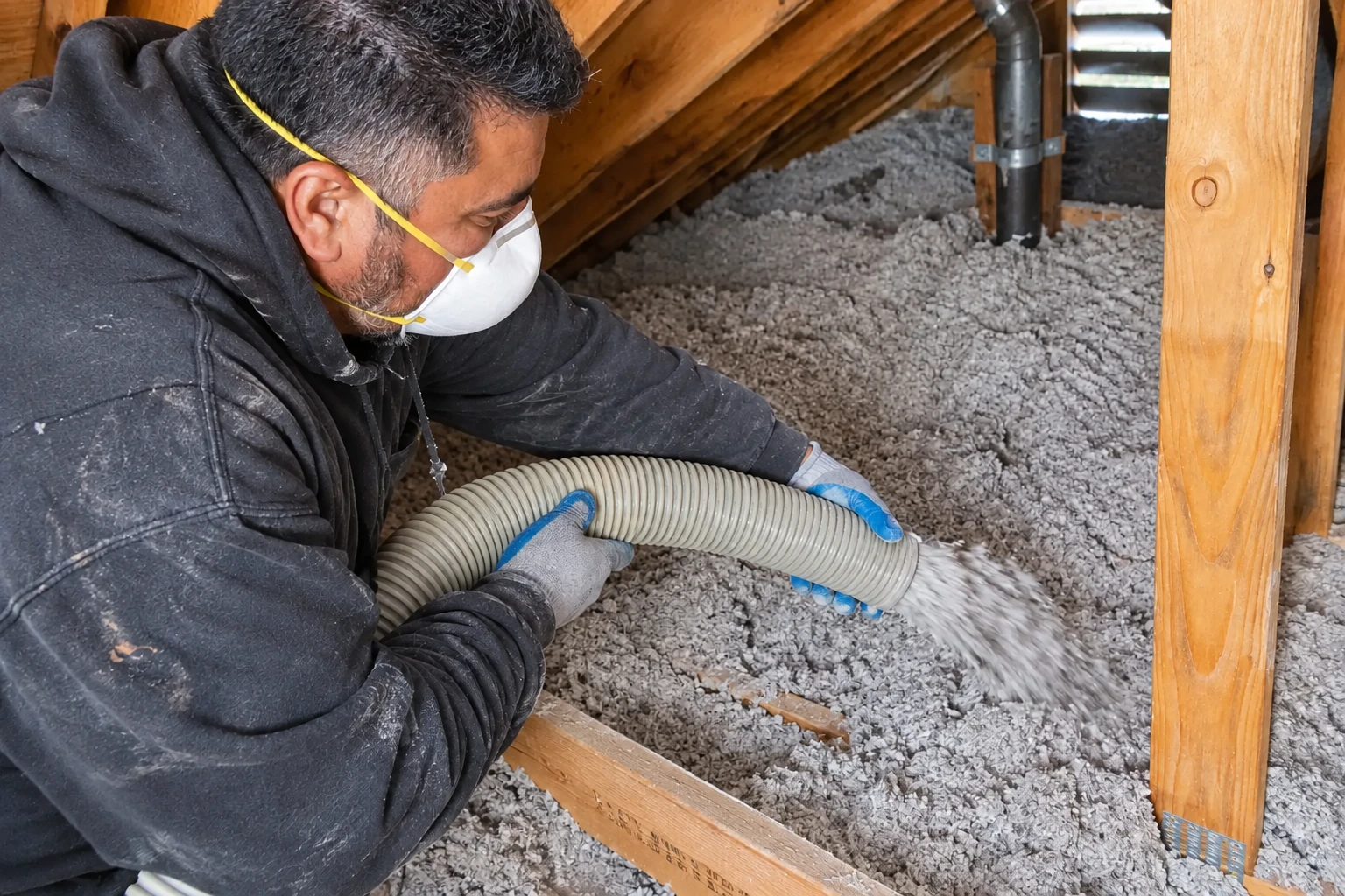 A masked worker uses a hose to spread gray blown-in insulation across an attic floor.