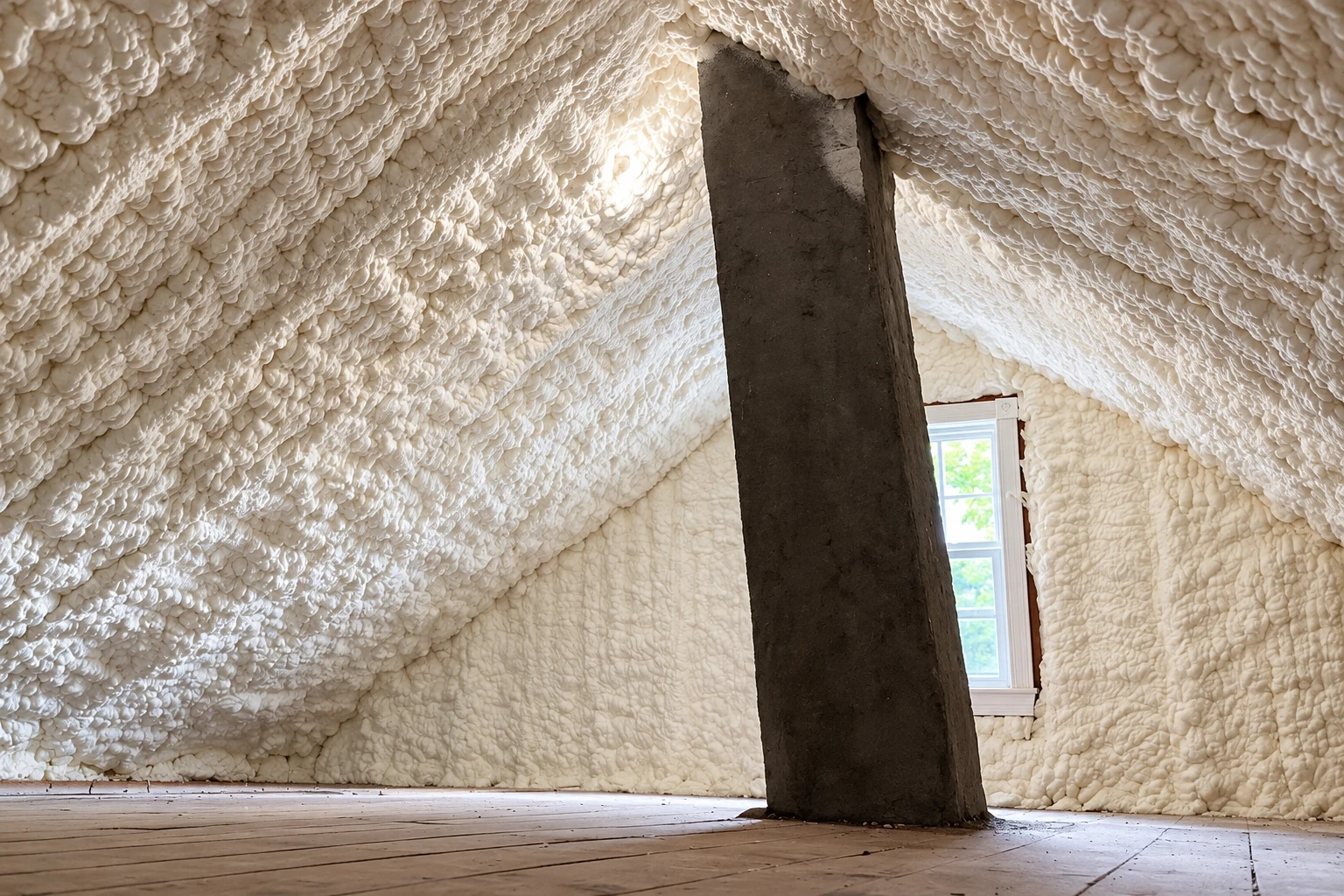 Spray foam insulation coats the sloped walls and ceiling of an attic around a dark central support and small window.
