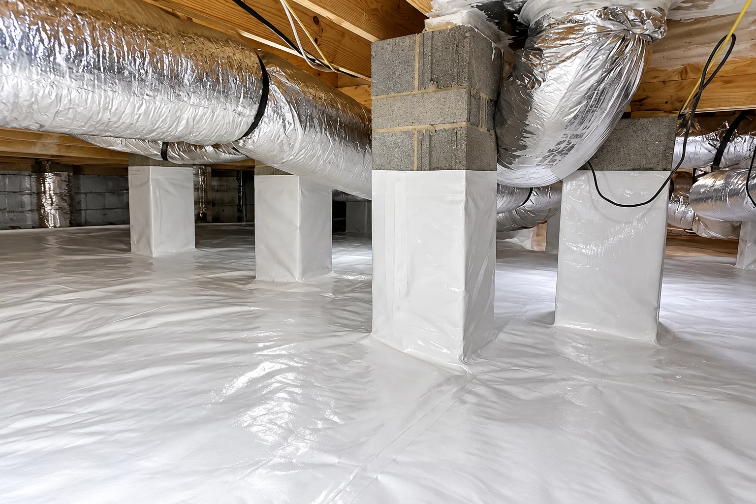White plastic vapor barrier covers the floor and support columns in a crawl space beneath exposed ducts and wooden joists.