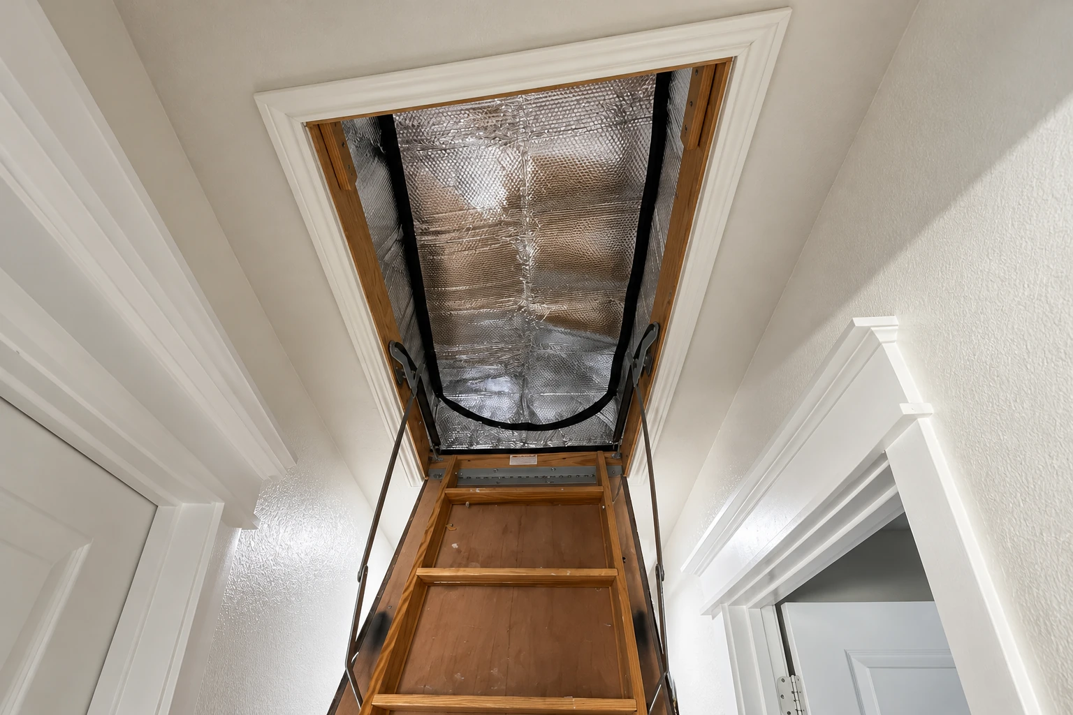 Attic access ladder opened beneath a reflective foil barrier fitted across the hatch.