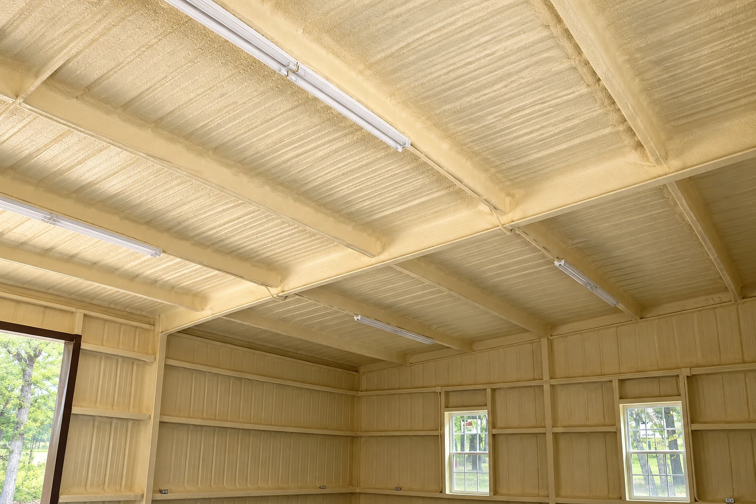 Cream-colored spray foam insulation coats the ceiling and walls of a framed building interior.